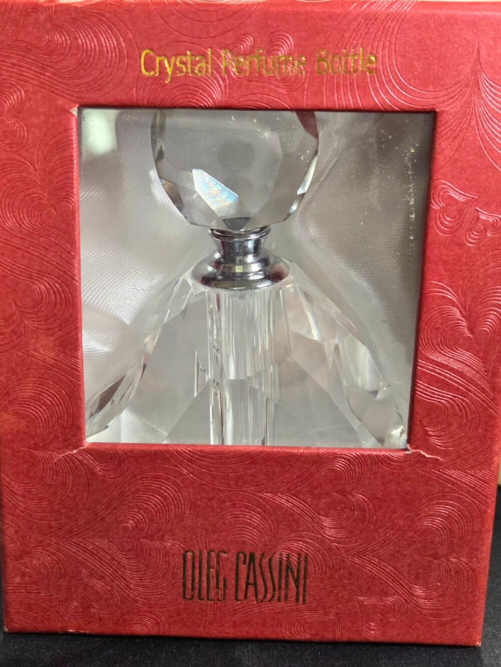 NIB Oleg Cassini Signed Crystal Heart Perfume Bottle Vintage